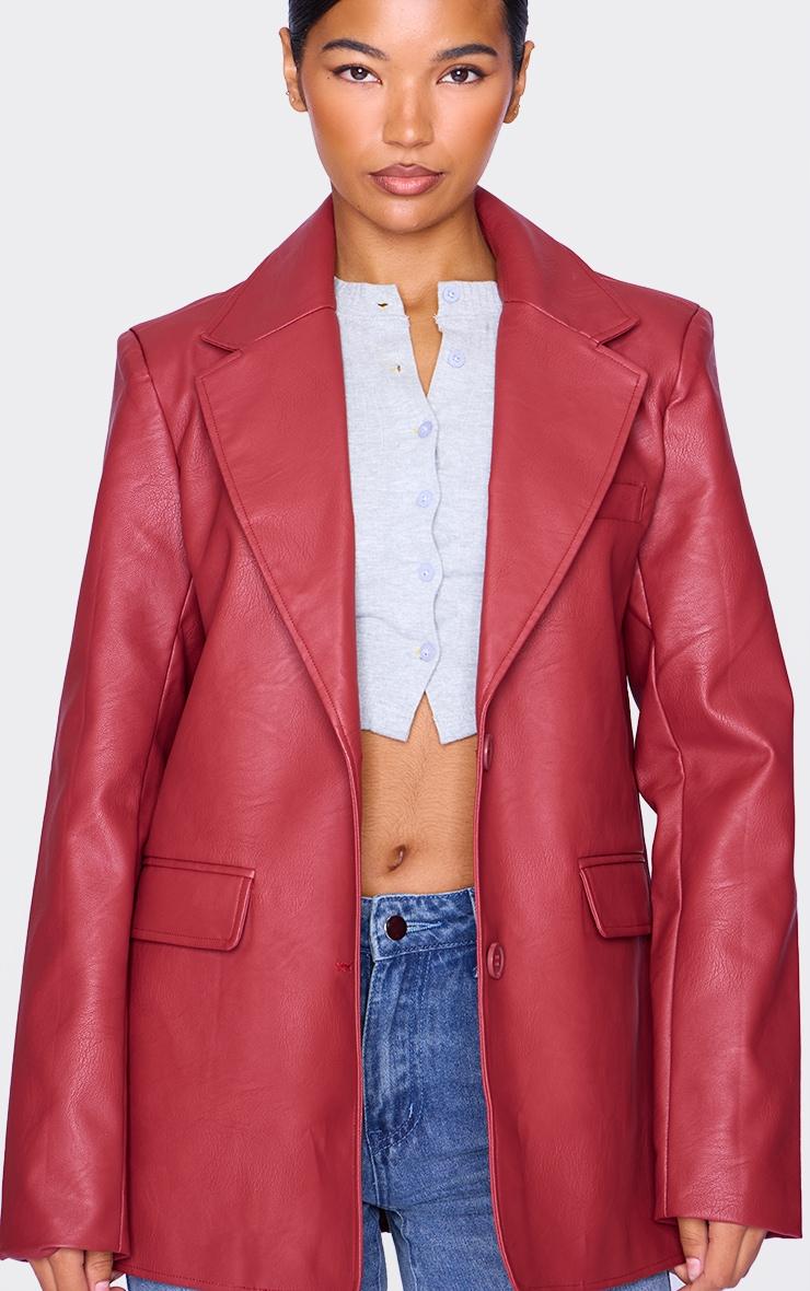 Cherry Red Textured Faux Leather Blazer Product Image