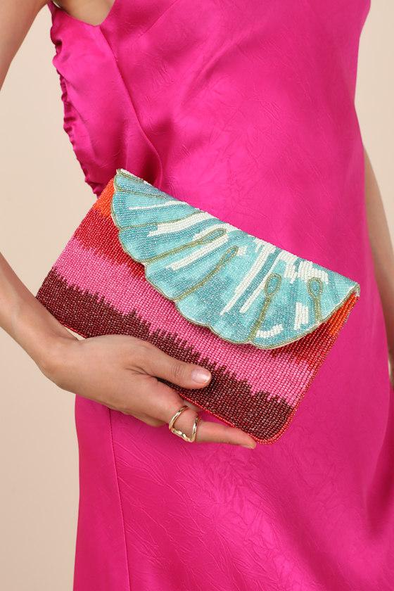 Rozina Multi Striped Beaded Leaf Clutch Product Image