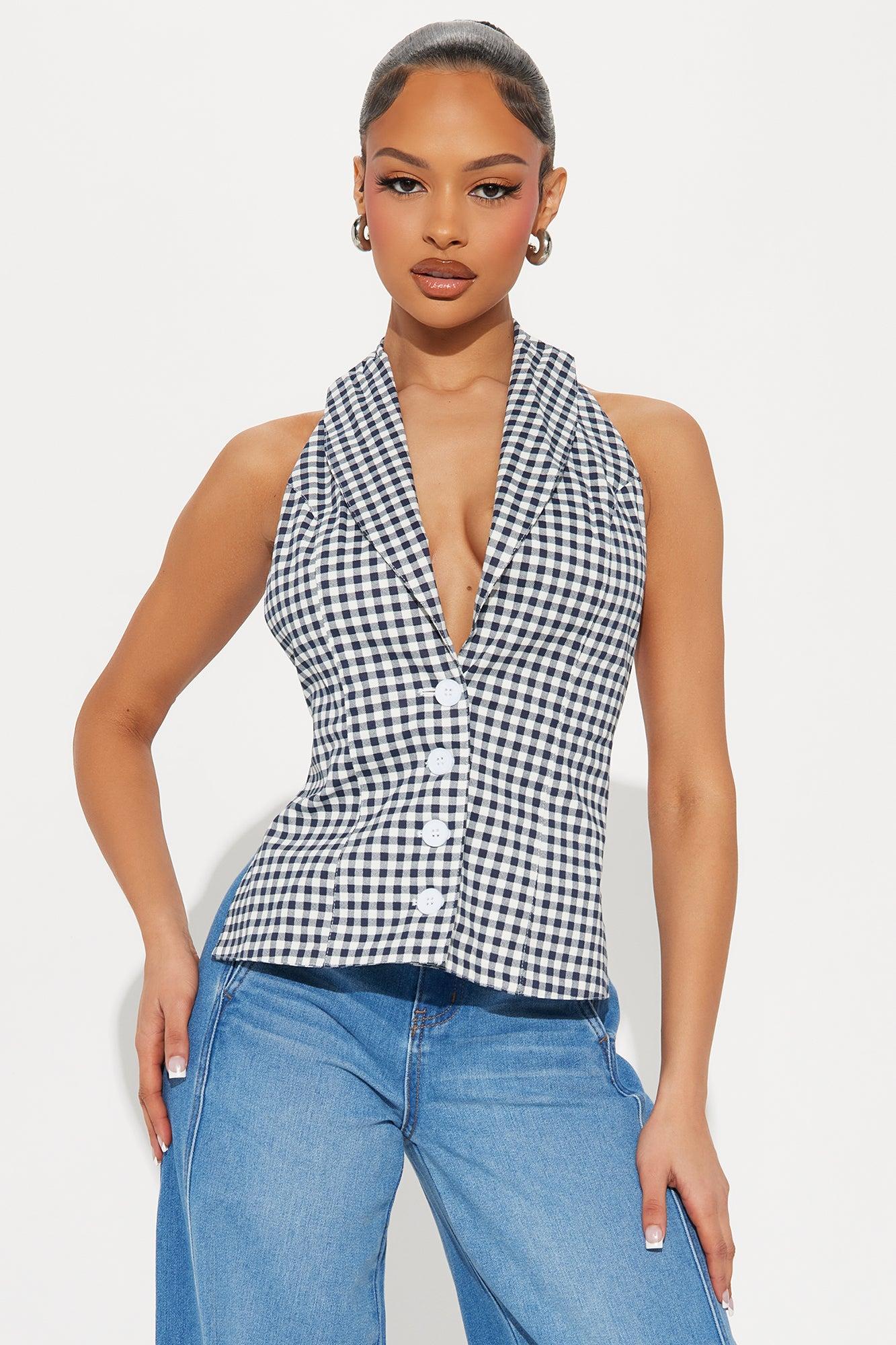 Kya Backless Gingham Top - Navy/combo Product Image