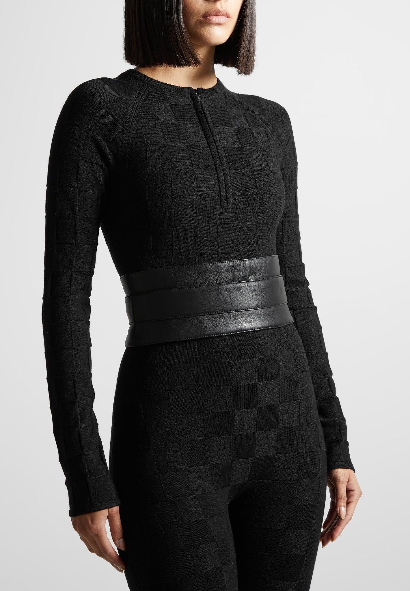 Chequerboard Knit Jumpsuit with Belt - Black Female Product Image