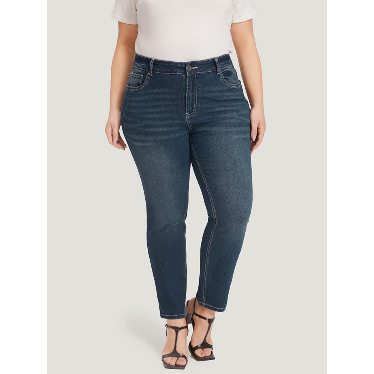 Plus Size Solid High Rise Pocket Dark Wash Jeans Women Midnight Casual Plain Plain High stretch Pocket Jeans BloomChic 22/3X Product Image