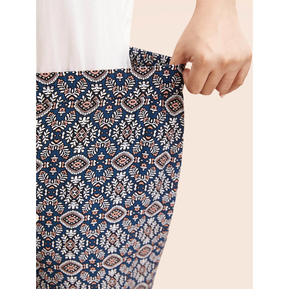 Plus Size Boho Print Elastic Waist Wide Leg Pants Women Indigo Resort Wide Leg Mid Rise Vacation Pants BloomChic 30/6X Product Image