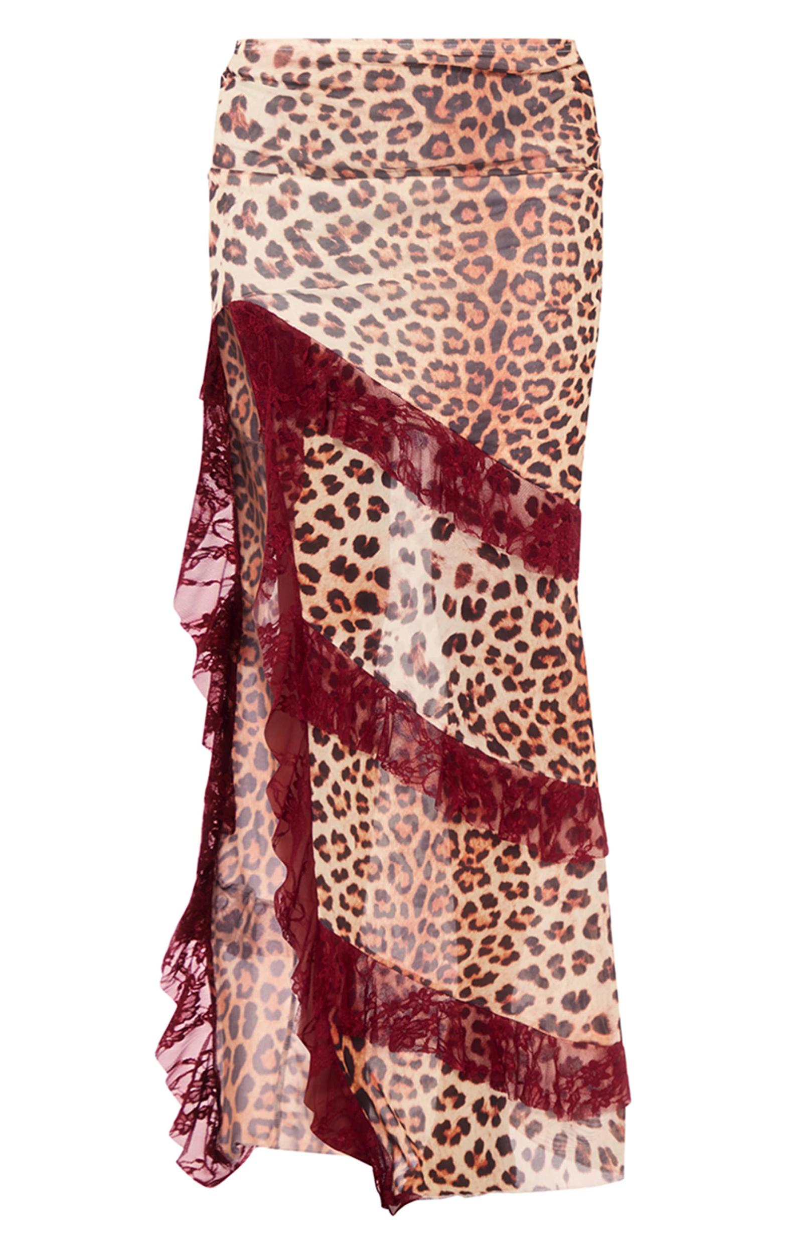 Burgundy Leopard Print Lined Mesh Thigh Split Lace Trim Maxi Skirt Product Image