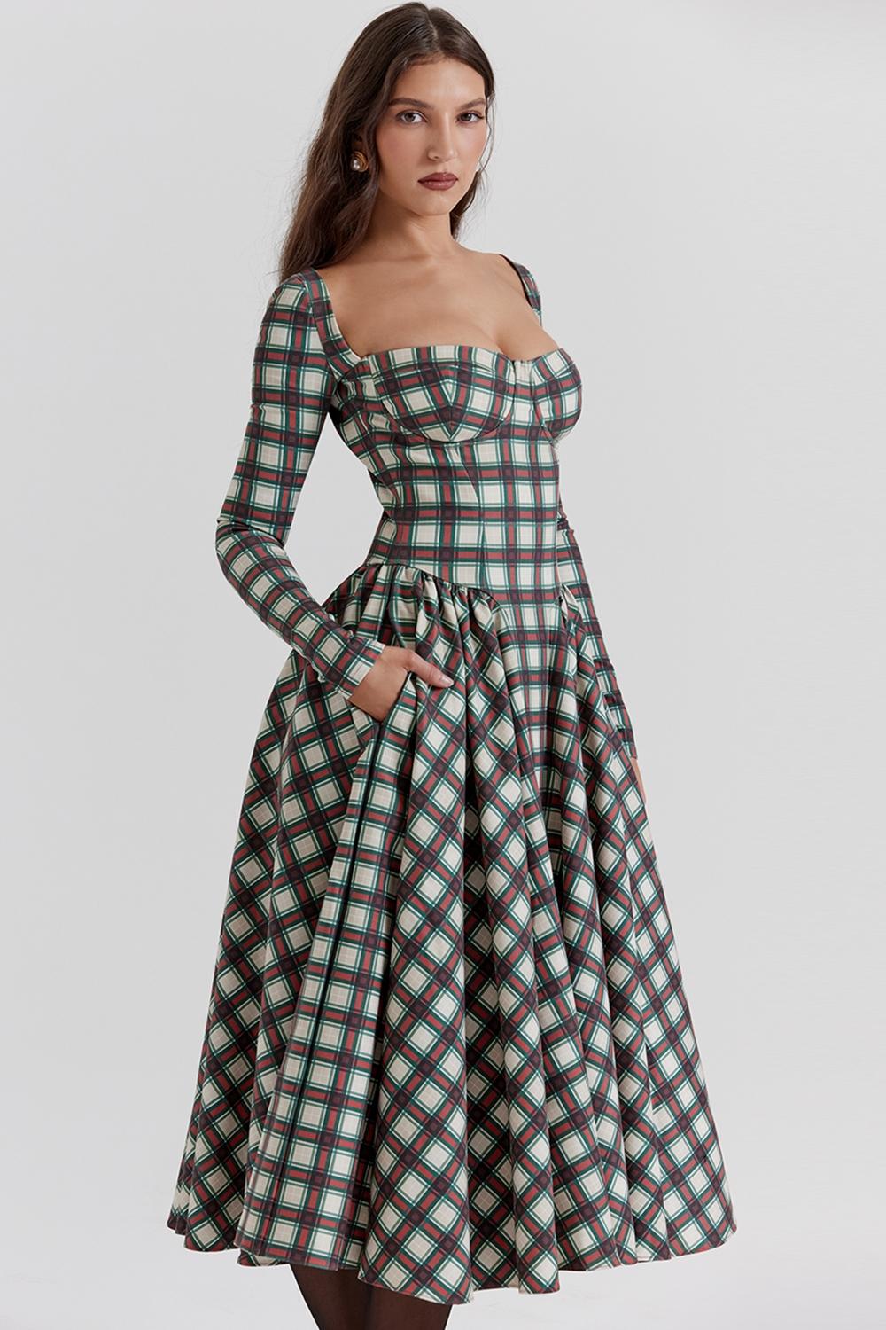 Eliza  red tartan corset midi dress - sale Product Image