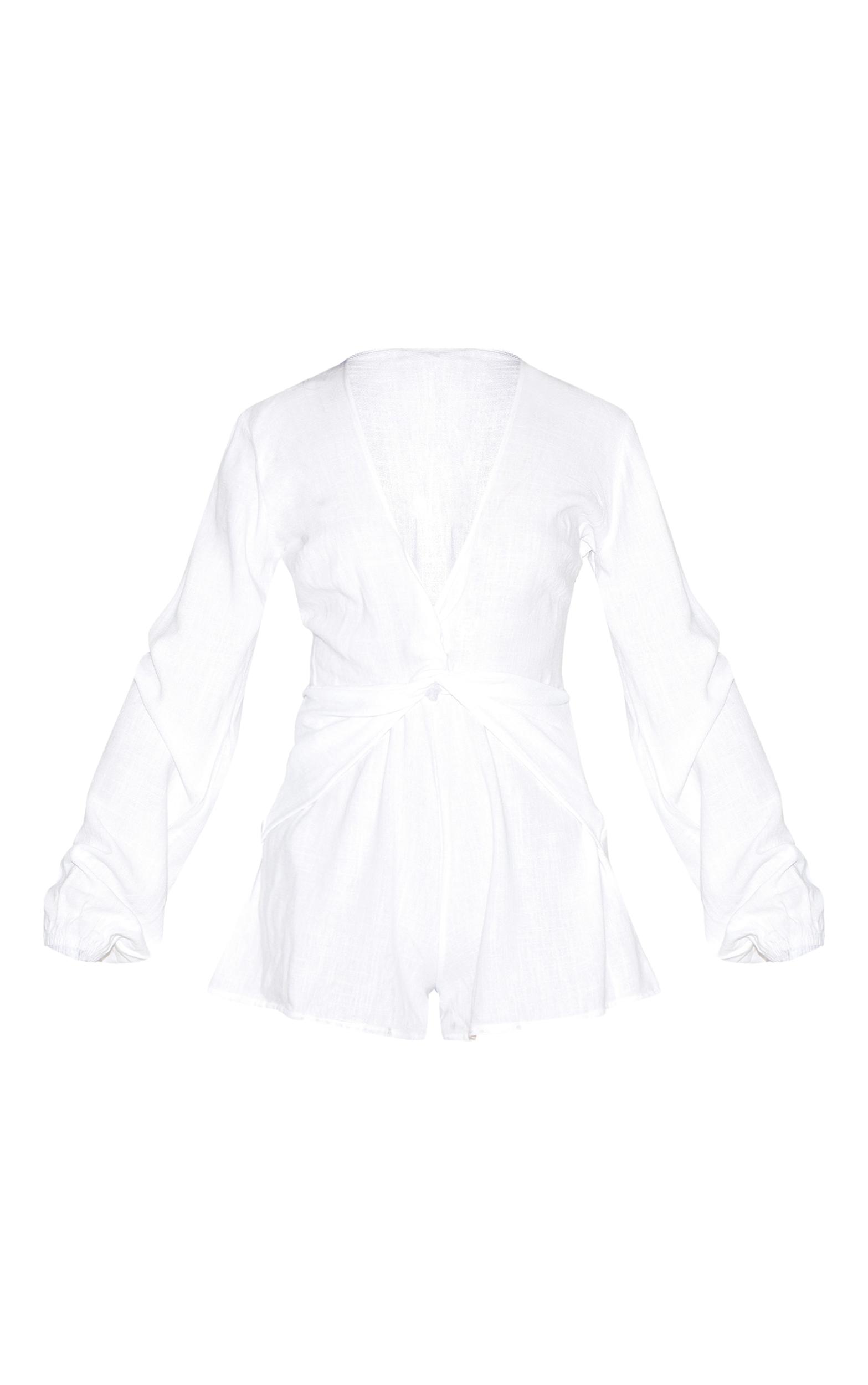 White Long Sleeve Plunge Twist Detail Romper Product Image