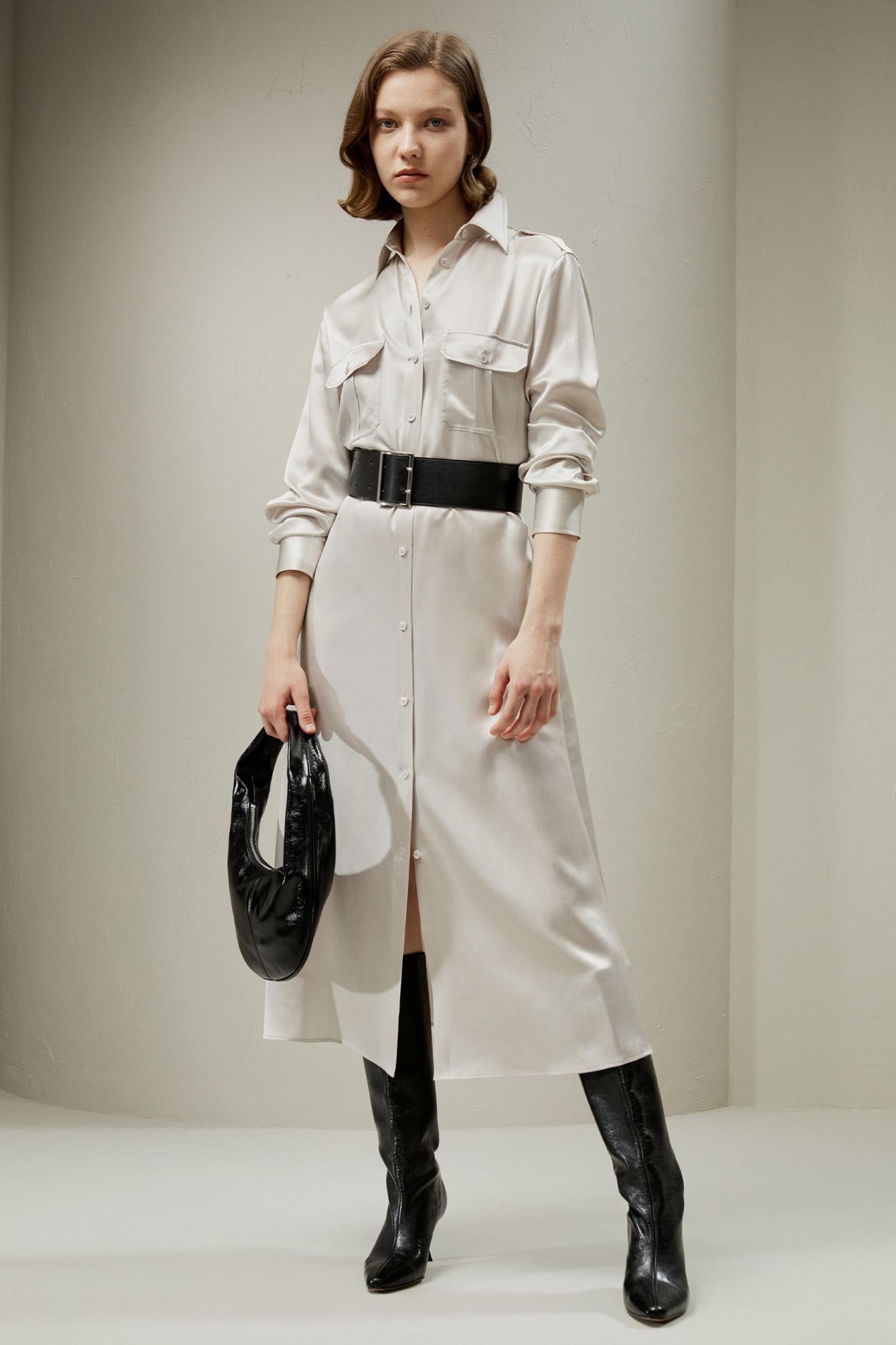 Trench-Style Silk Midi Shirt Dress Product Image