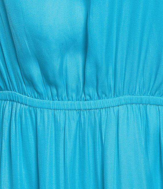 Skies Are Blue Plus Solid Woven Long Ruffle Sleeve Front Tie Tiered Dress Product Image