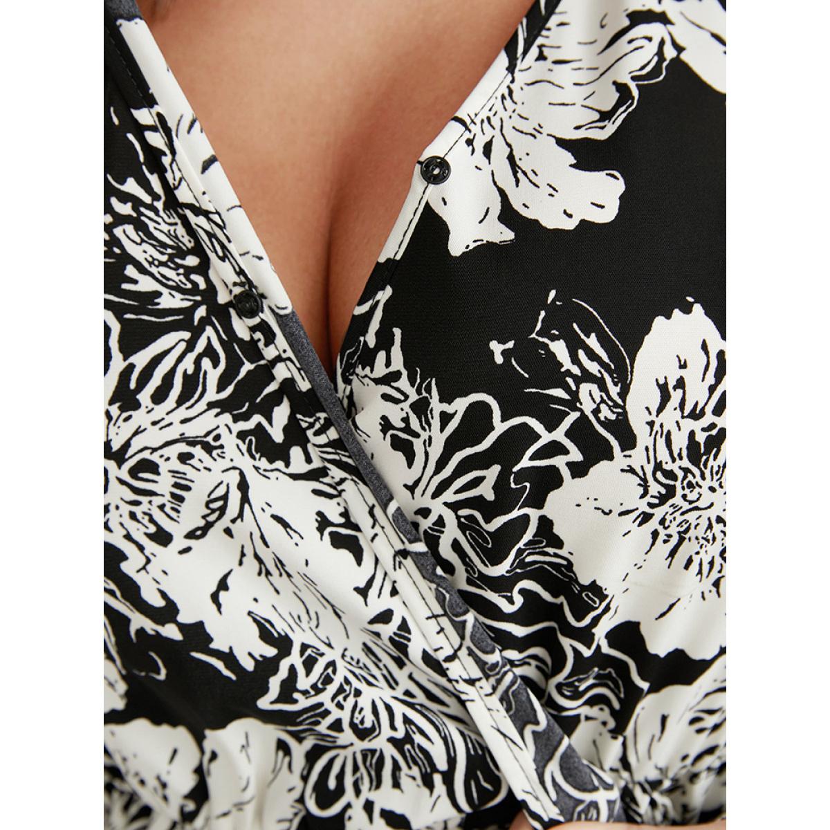 Plus Size Black Floral Lantern Sleeve Tie Up Asymmetrical Hem Wrap Blouse Women Elegant Long Sleeve V-neck Dailywear Blouses BloomChic 22-24/3X Product Image