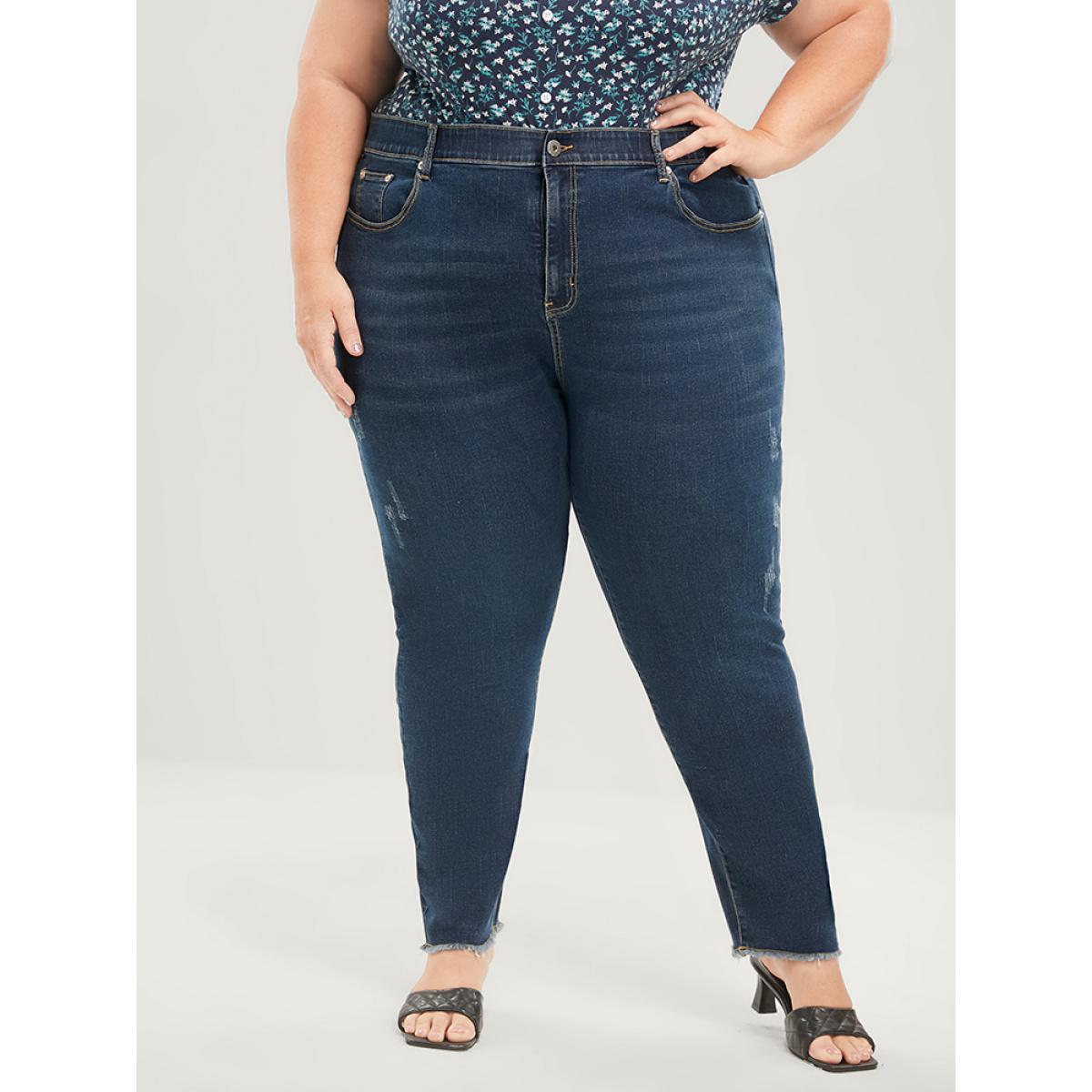 Plus Size Skinny Very Stretchy Mid Rise Dark Wash Gap Proof Jeans Women DarkBlue Casual Plain Tummy control High stretch Pocket Jeans BloomChic 30/6X Product Image