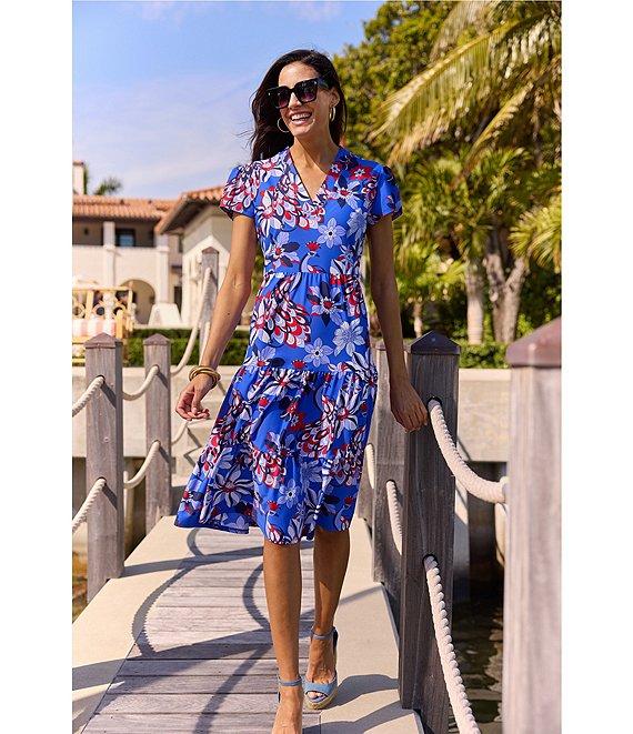 Jude Connally Libby Twirling Peacock Print Jude Cloth Stretch Knit V-Neck Short Puff Sleeve A-Line Tiered Midi Dress Product Image