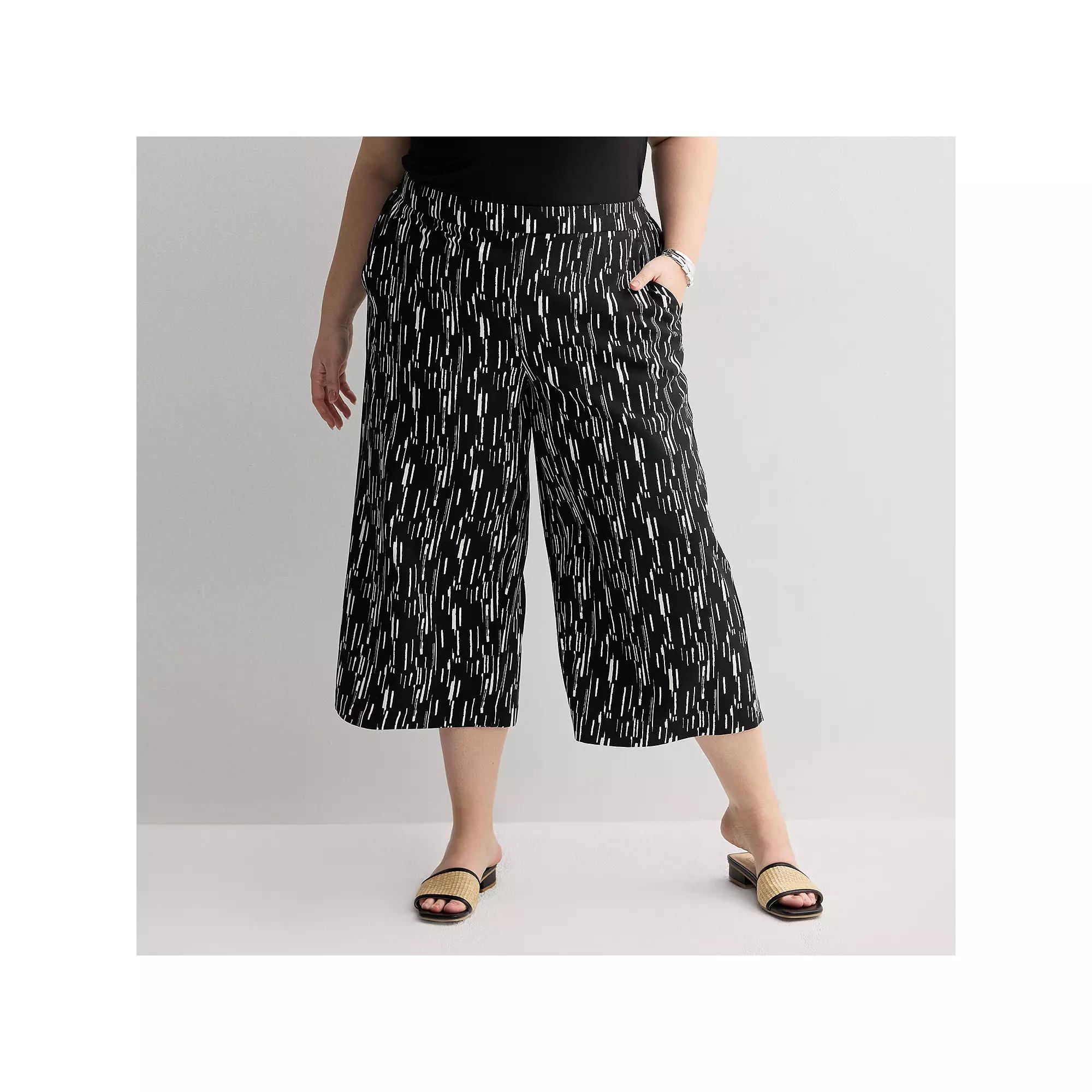 Plus Size Nine West Pull-On Flowy Wide Leg Cropped Pants, Women's, Size: 0X, Black Bolder Stripes Product Image