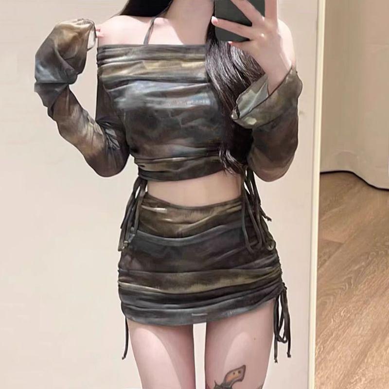 Set: Halter Print Bikini Top + Bottom + Long-Sleeve Drawstring Cover Up Top + Skirt Product Image