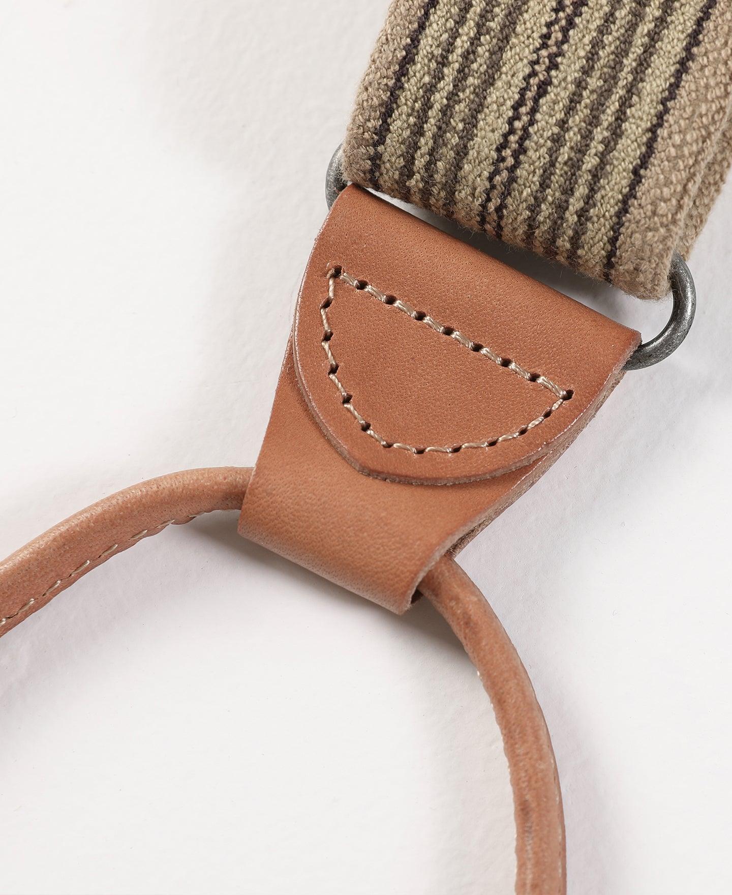 Old-Time Y-Back Leather Button Suspenders - Khaki Stripe Product Image