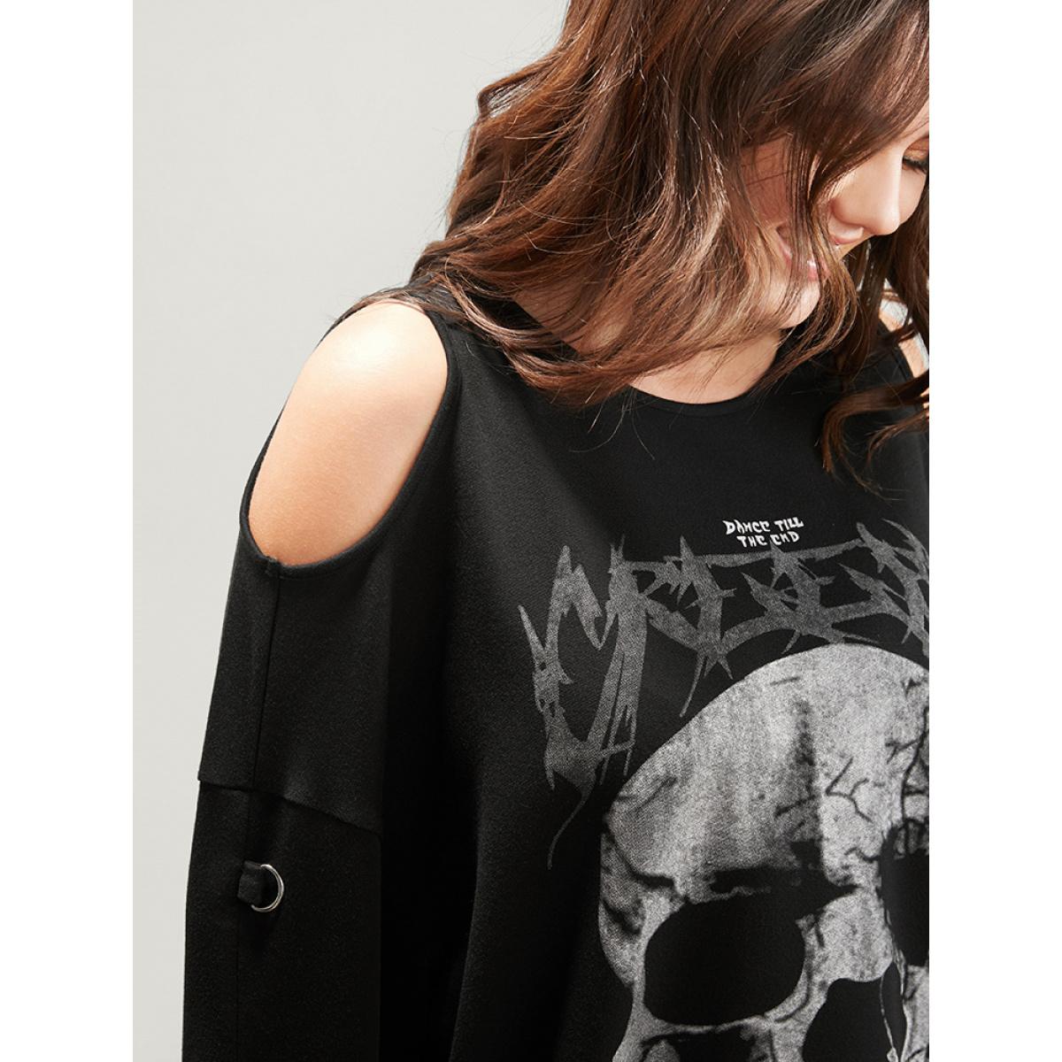 Plus Size Halloween Skull Print Cold Shoulder Sweatshirt Women Black Elegant Printed Round Neck Dailywear Sweatshirts BloomChic 10/M Product Image