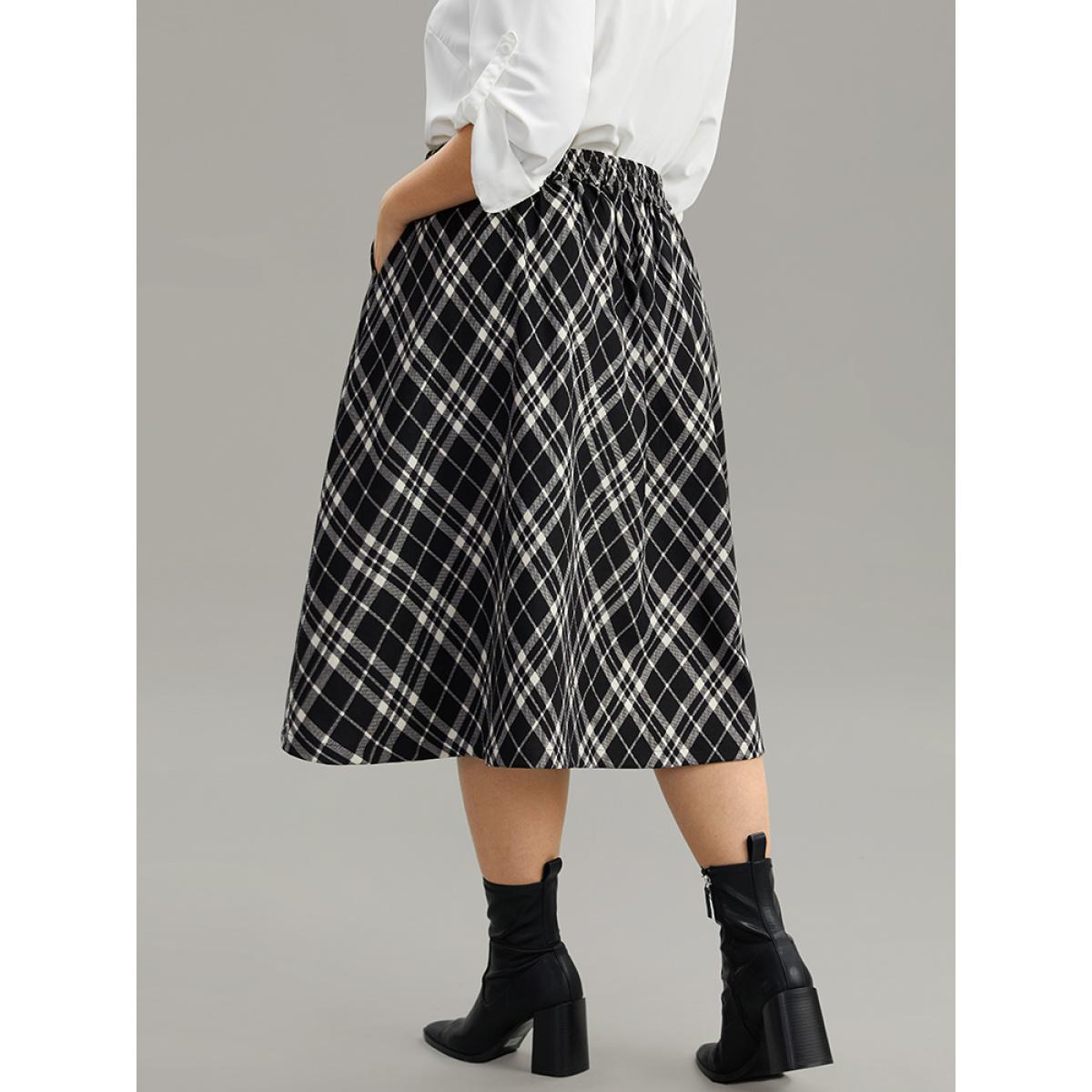 Plus Size Plaid Elastic Waist Knot Ties Skirt Women Black Office Cross straps No stretch Pocket Work Skirts BloomChic 30/6X Product Image