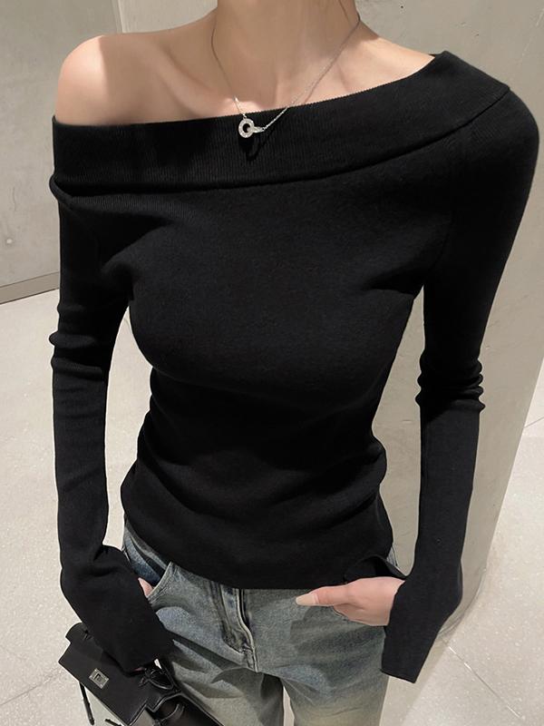 Solid Off Shoulder Slit Long Sleeve Knit Product Image