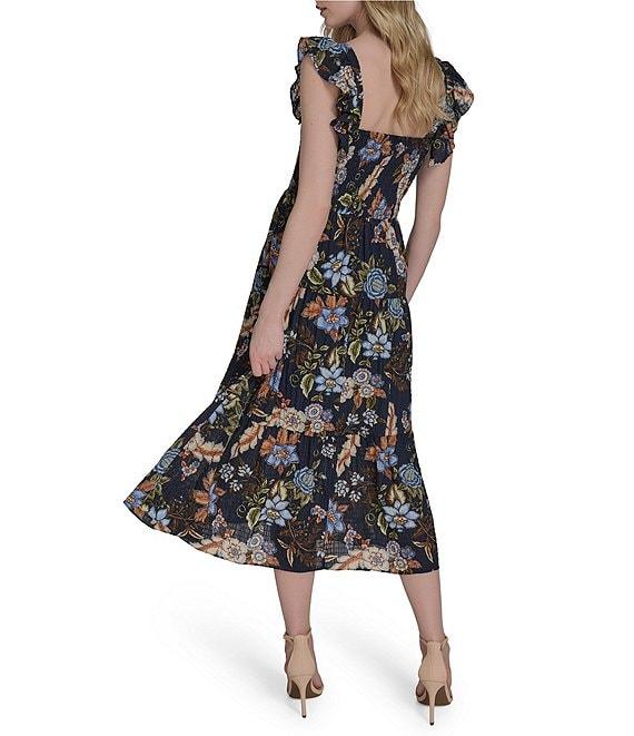 Vince Camuto Printed Square Neck Sleeveless Tiered Smocked Midi Dress Product Image