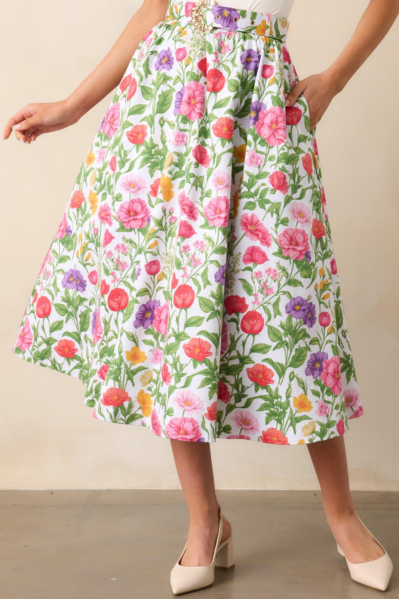 Thena Secret Garden Floral Cotton Belted Midi Skirt Product Image