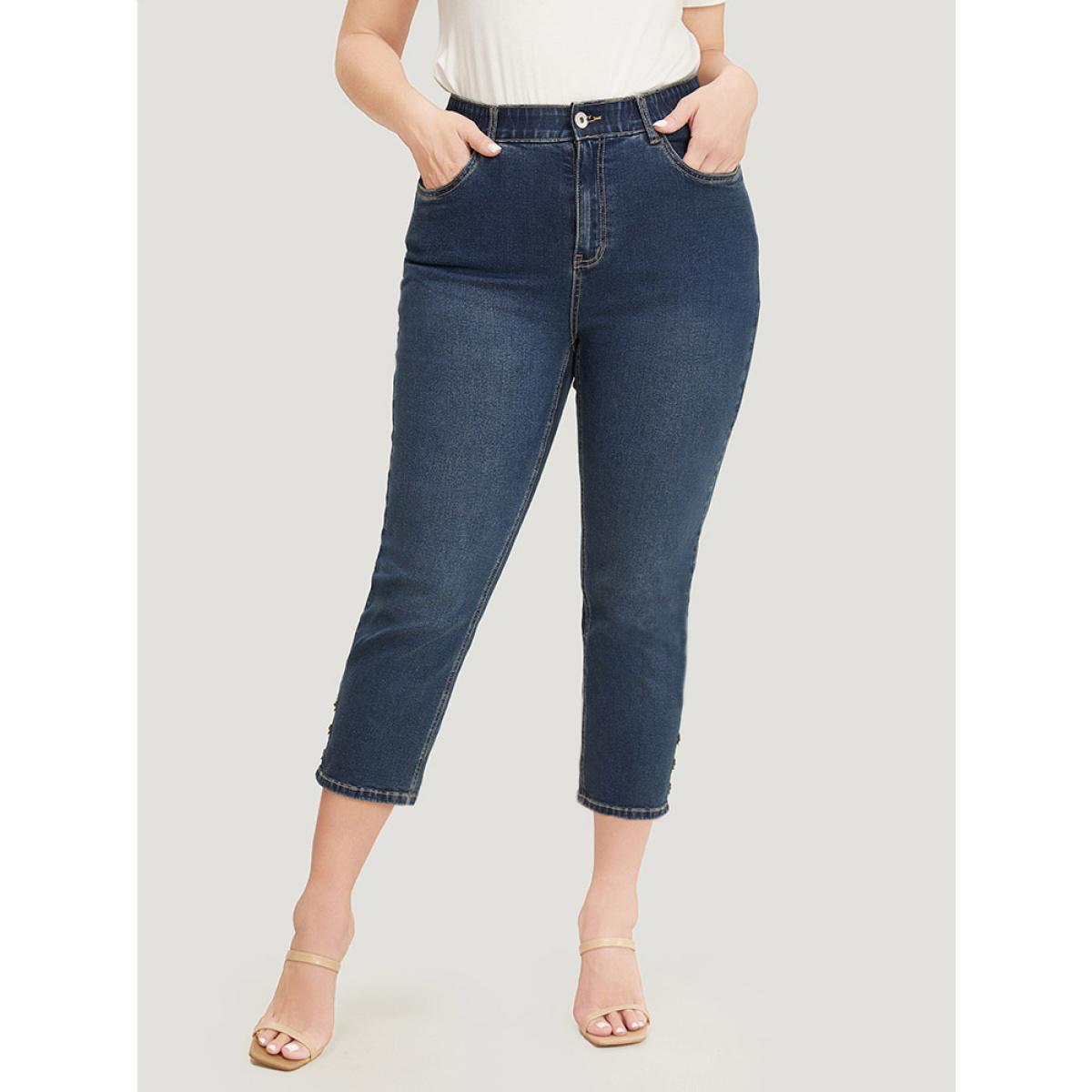 Plus Size Very Stretchy High Rise Dark Wash Beaded Detail Cropped Jeans Women Indigo Casual Plain High stretch Pocket Jeans BloomChic 18/2X Product Image