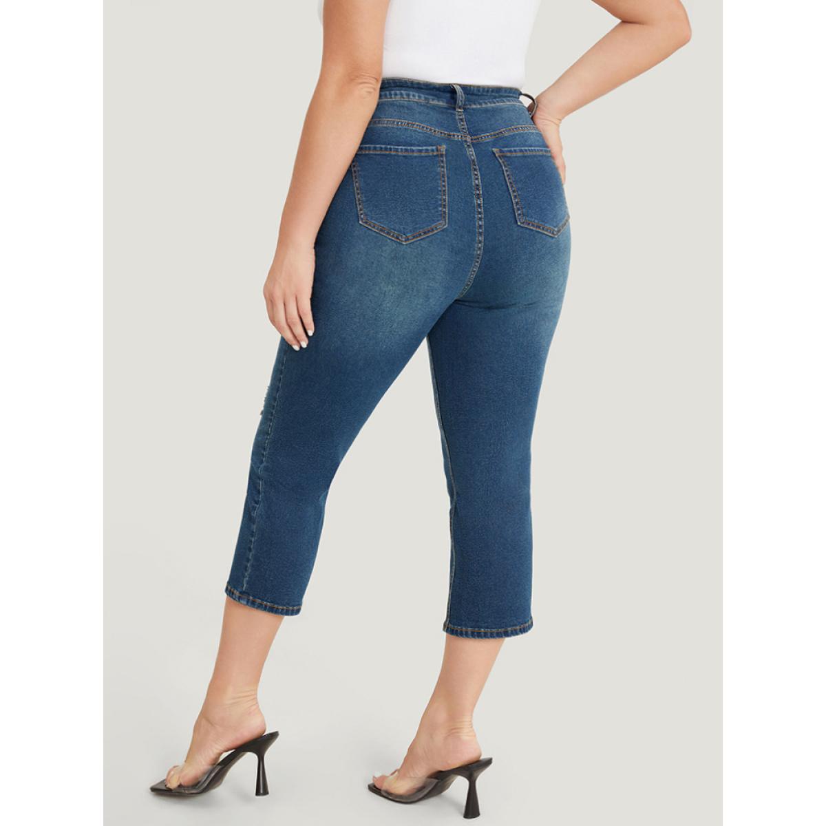 Plus Size Very Stretchy High Rise Medium Wash Ripped Detail Cropped Jeans Women Indigo Casual Plain High stretch Pocket Jeans BloomChic 10/M Product Image