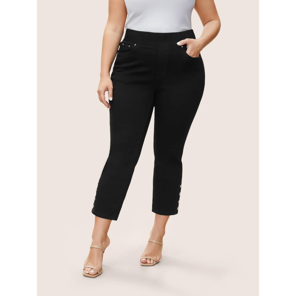 Plus Size Black Wash Button Detail Elastic Wais Slim Jeans Women Black Elegant Plain Non High stretch Pocket Jeans BloomChic 10/M Product Image