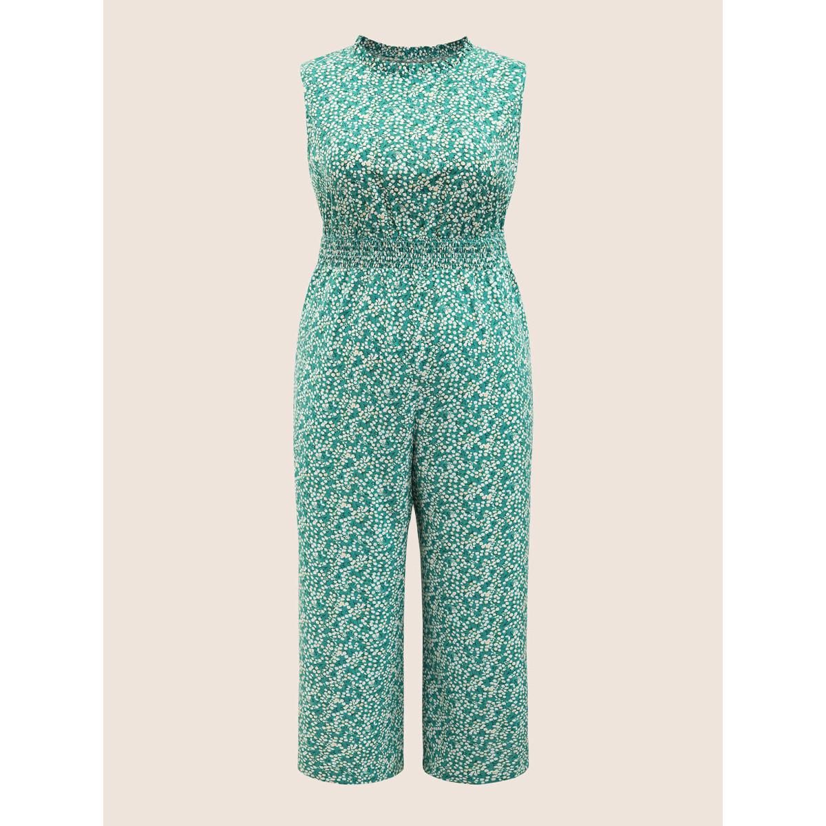 Plus Size Emerald Ditsy Floral Mock Neck Shirred Jumpsuit Women Timeless Sleeveless Mock Neck Elegant Loose Jumpsuits BloomChic 18-20/2X Product Image