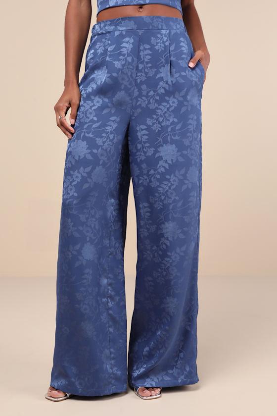 Significant Elegance Dark Blue Floral Jacquard High-Rise Pants Product Image