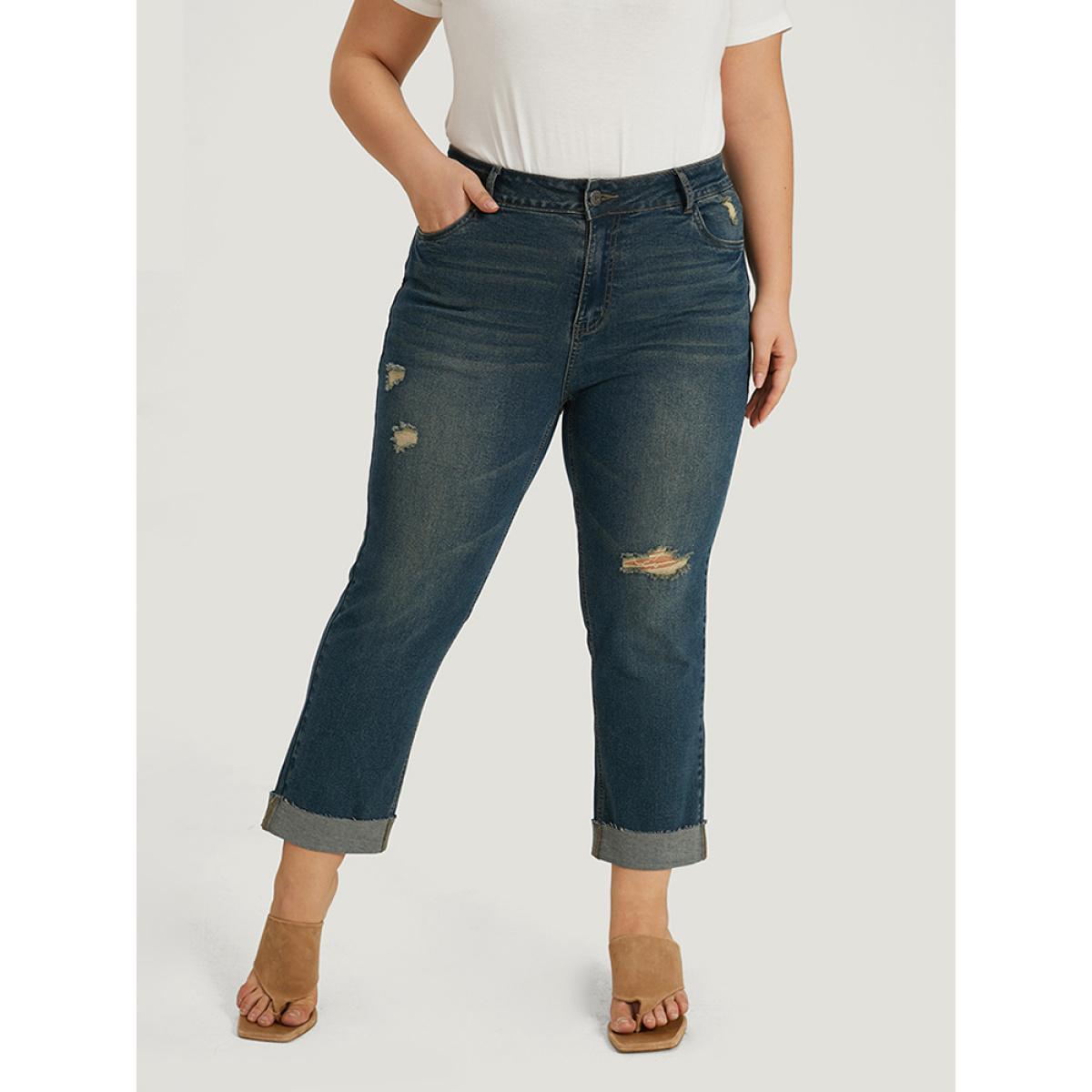 Plus Size Solid Ripped Roll Hem Pocket Straight Leg Jeans Women Indigo Casual Plain Plain High stretch Pocket Jeans BloomChic 10/M Product Image