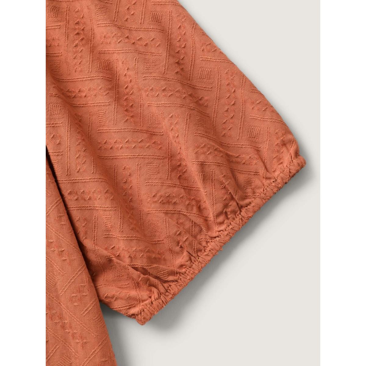 Plus Size Brightorange Pure Cotton Textured Tassel Blouse Women Boho Elbow-length sleeve V-neck Vacation Blouses BloomChic 12/L Product Image