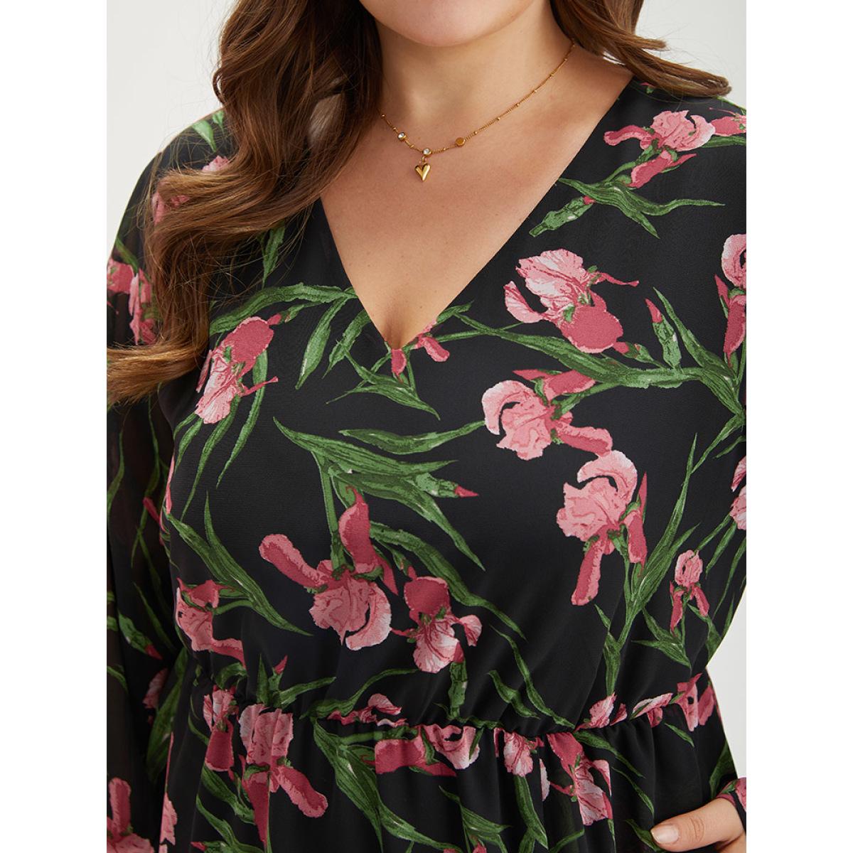 Plus Size Floral Print Chiffon Split Side Elastic Waist Dress Black Women Elegant Printed V-neck Long Sleeve Curvy Midi Dress BloomChic 12/L Product Image