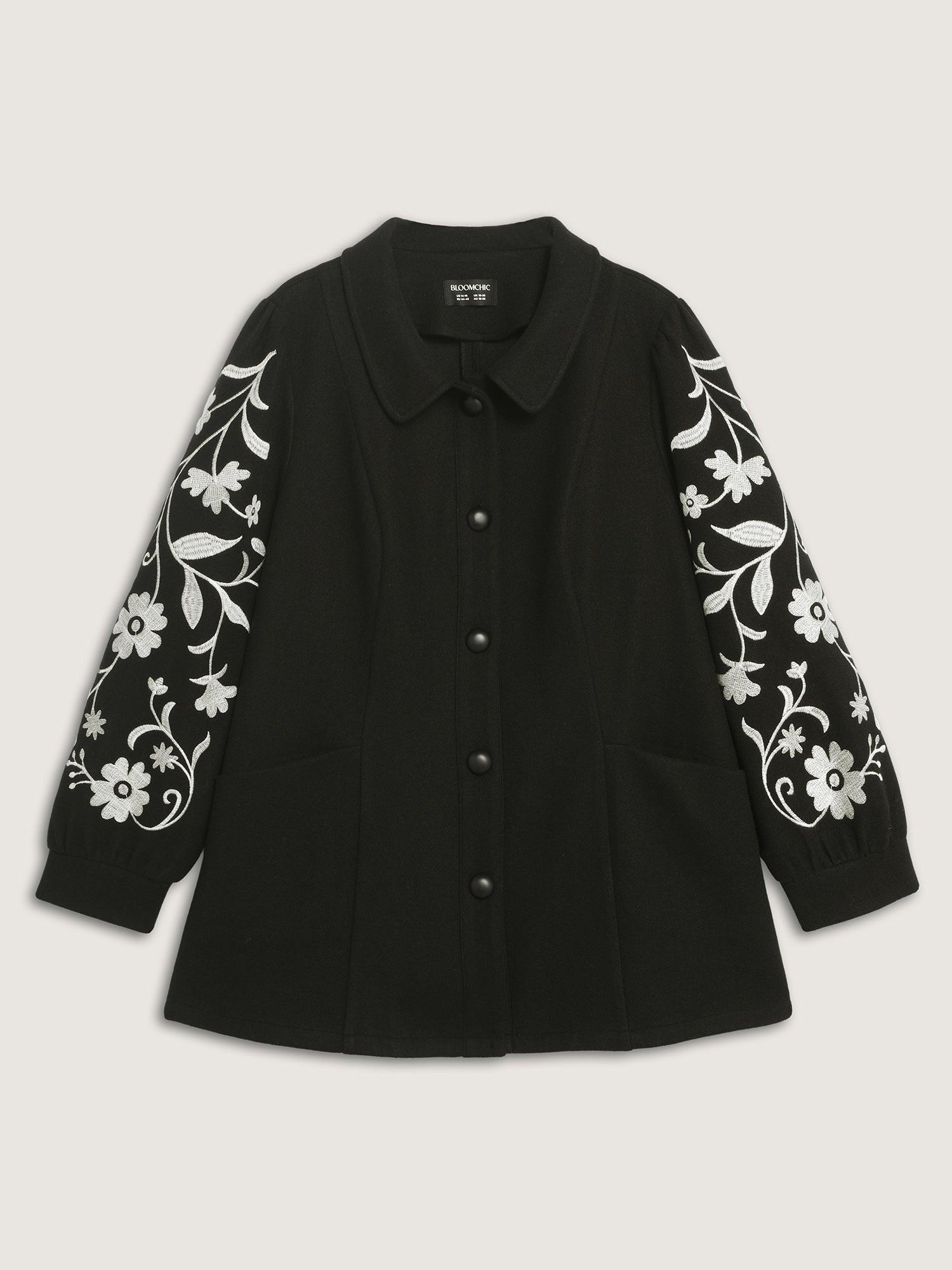 Floral Embroidered Sleeve Slant Pockets Coat Female Product Image