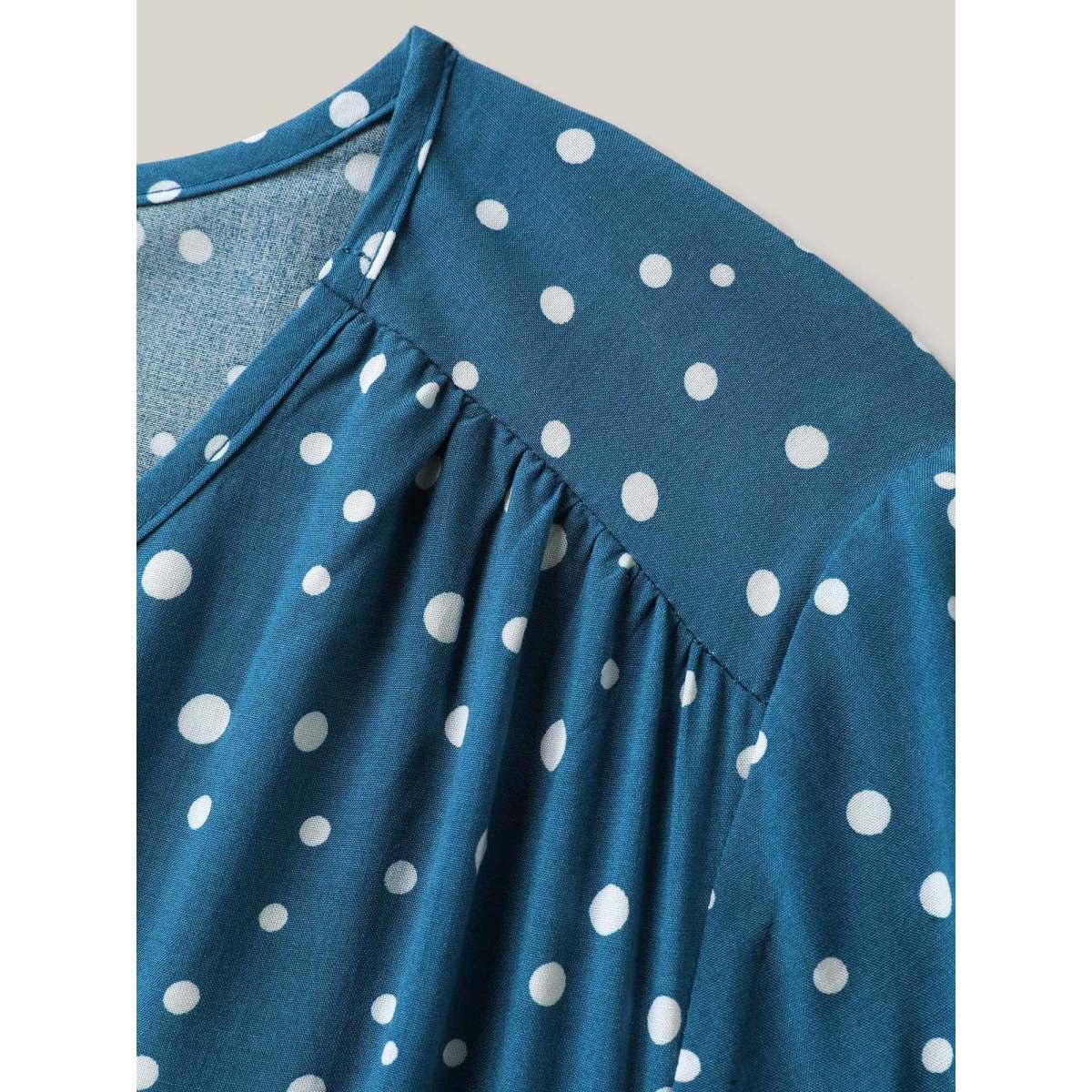 Plus Size Dot Print Shirred Waist Midi Dress Aegean Women At the Office Gathered Round Neck Short sleeve Curvy BloomChic 28/5X Product Image