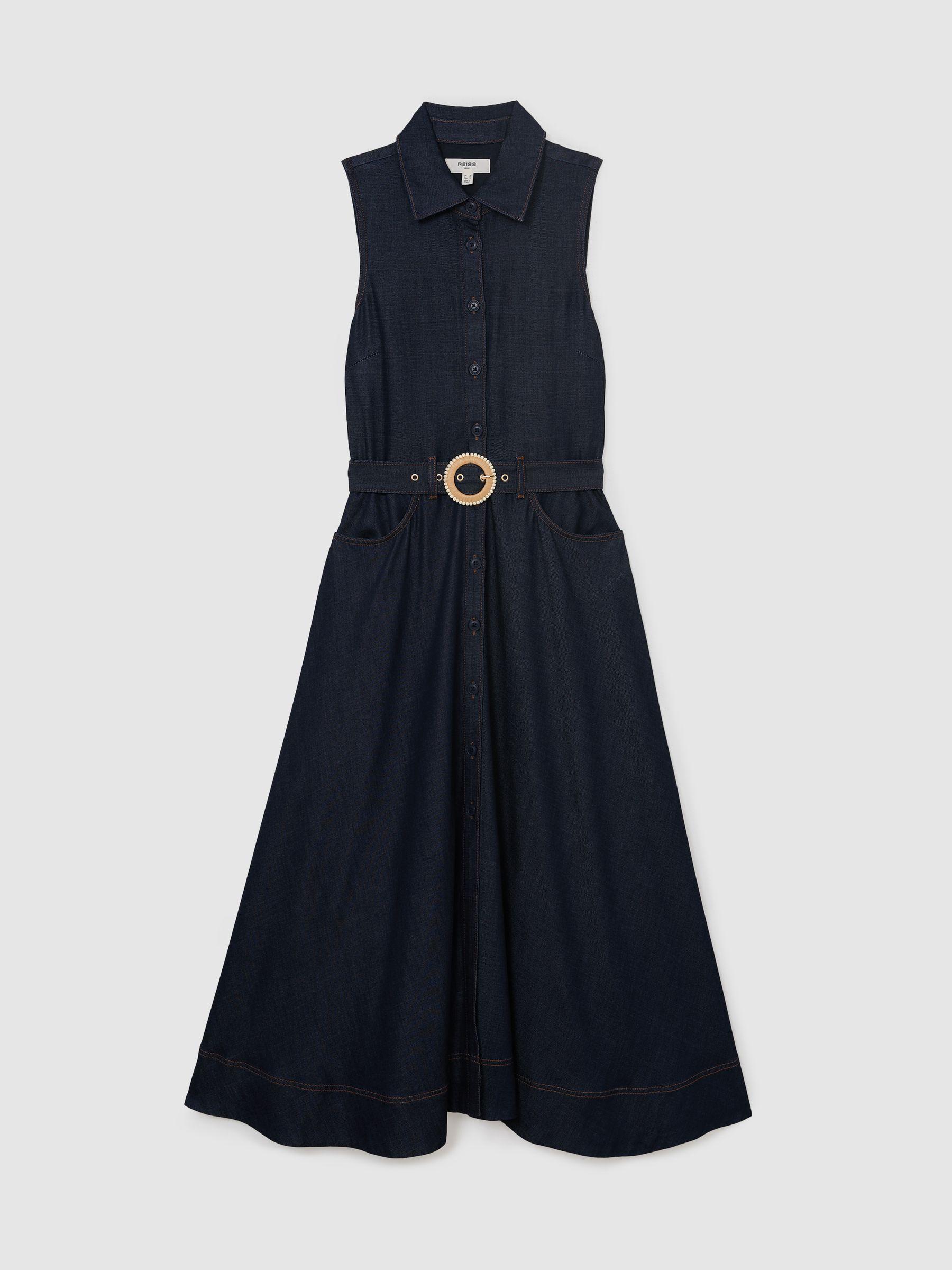 Button-Front Belted Denim Midi Dress in Indigo Blue Product Image