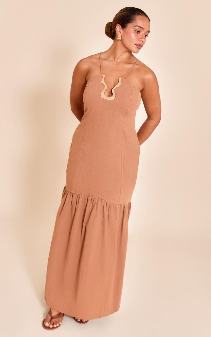 Shape Mocha Linen Gold Wave Trim Dropped Hem Maxi Dress Product Image