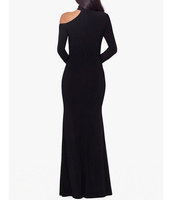 Xscape Stretch Asymmetrical Cut-Out Mock Neck Long Sleeve Gown Product Image