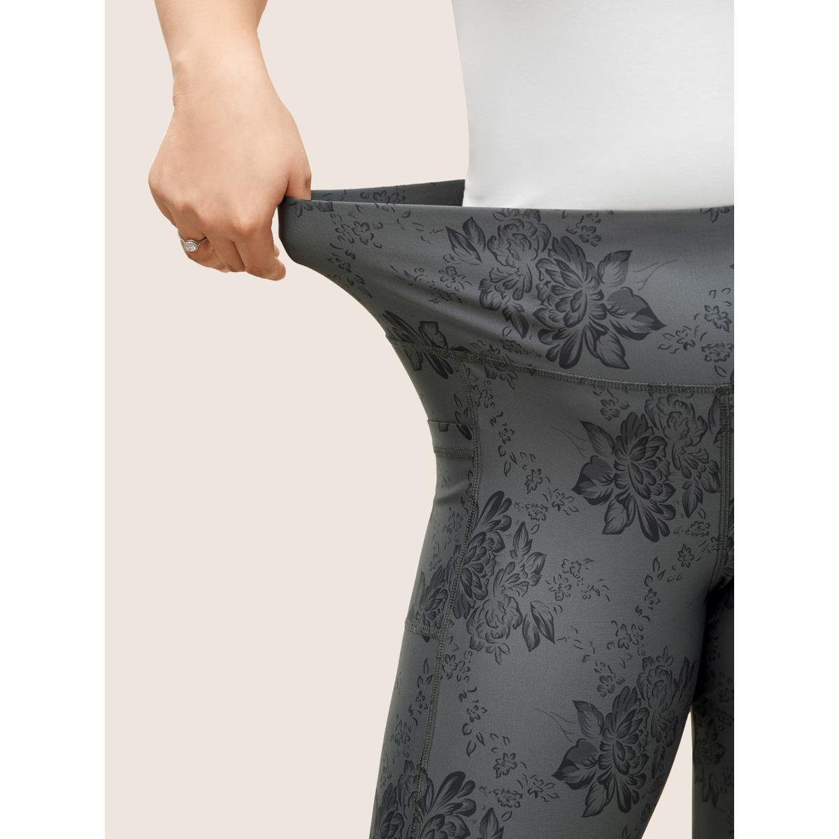 Plus Size Floral Print Elastic Waist Pocket Side Leggings Women DimGray Elegant High stretch High Rise Everyday Leggings BloomChic 10/M Product Image