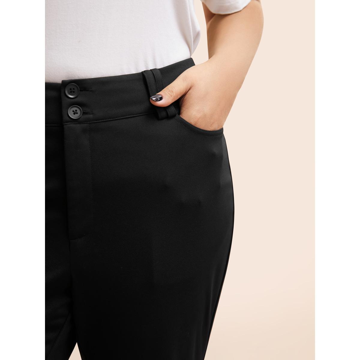 Plus Size Stretch Woven Double Button Drape Pants Women Black Workwear Essentials Bootcut Mid Rise Work Pants BloomChic 12/L Product Image