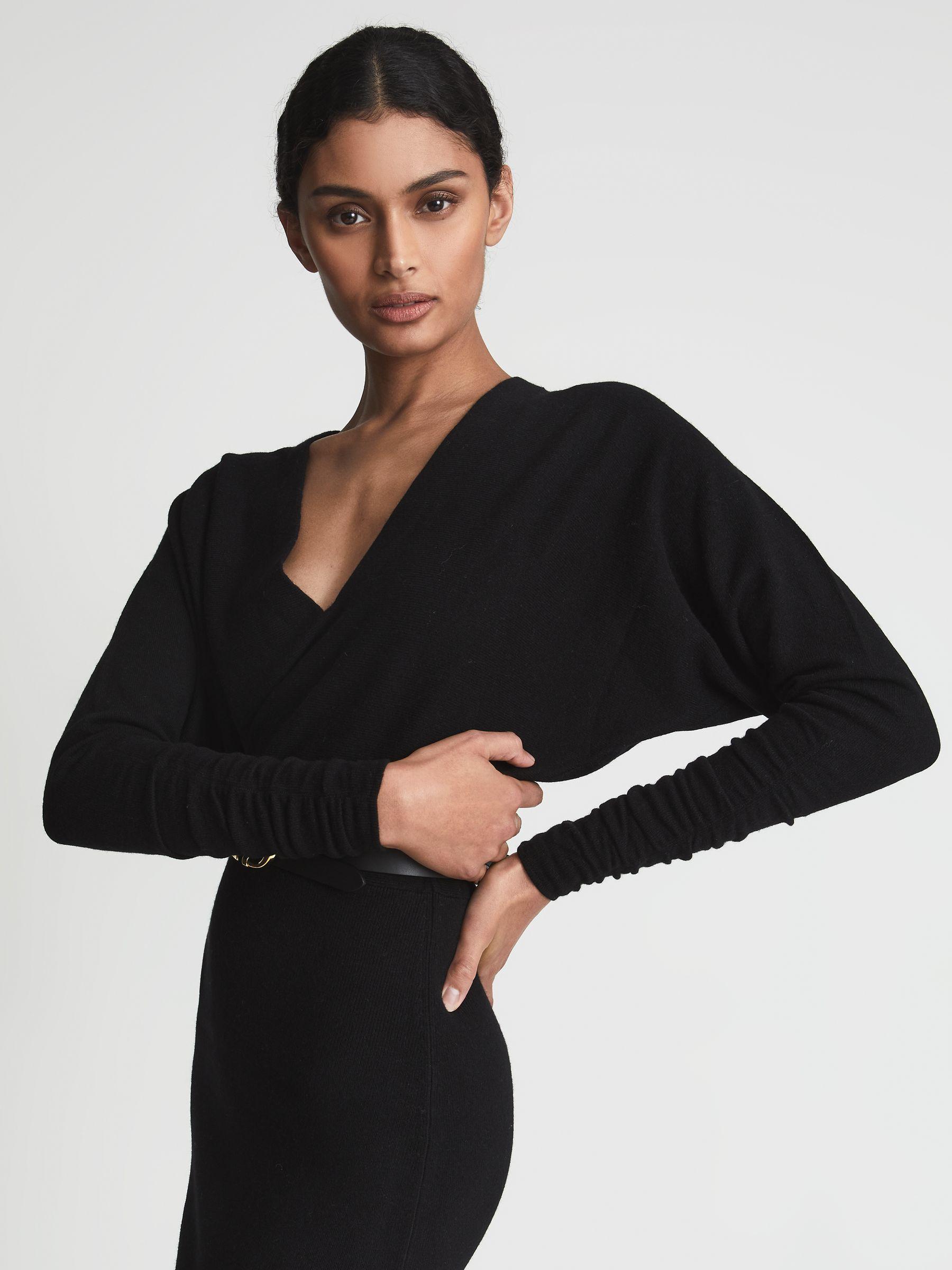 Wool Blend Ruched Sleeve Midi Dress in Black Product Image