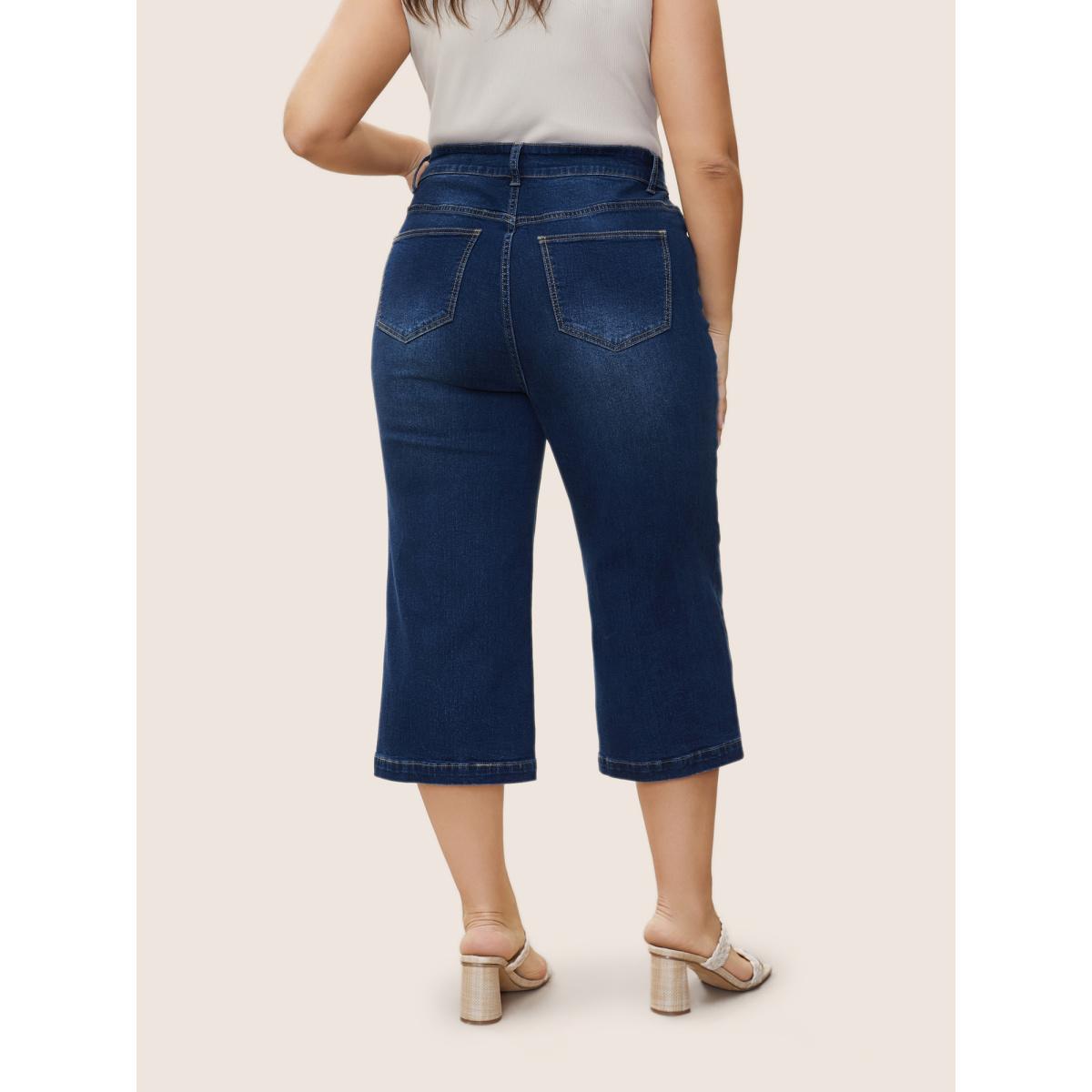 Plus Size Medium Wash Wide Leg High Stretch Jeans Women Blue Timeless Plain Button High stretch Slanted pocket Jeans BloomChic 28/5X Product Image