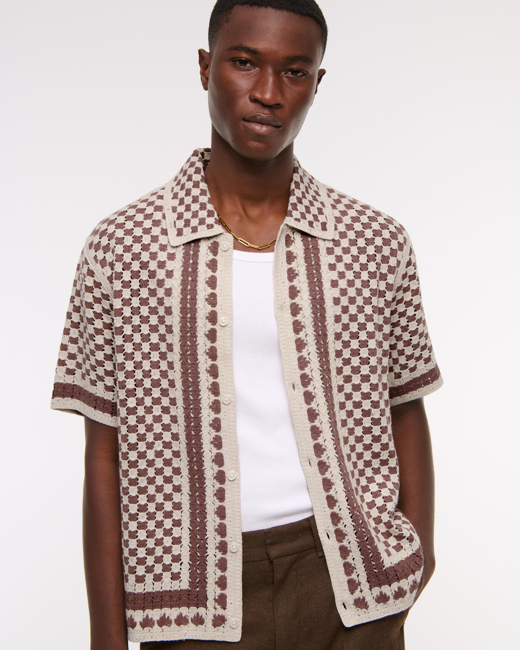 Crochet-Style Border Stripe Button-Through Sweater Polo Product Image