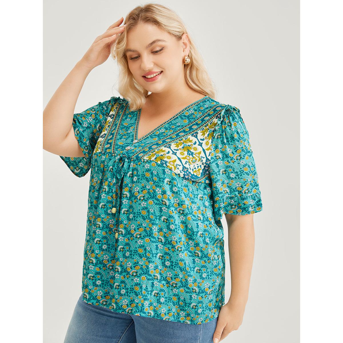 Plus Size Emerald Bandana Ruffle Trim Knot Front Button Detail Blouse Women Elegant Short sleeve V-neck Dailywear Blouses BloomChic 12/L Product Image