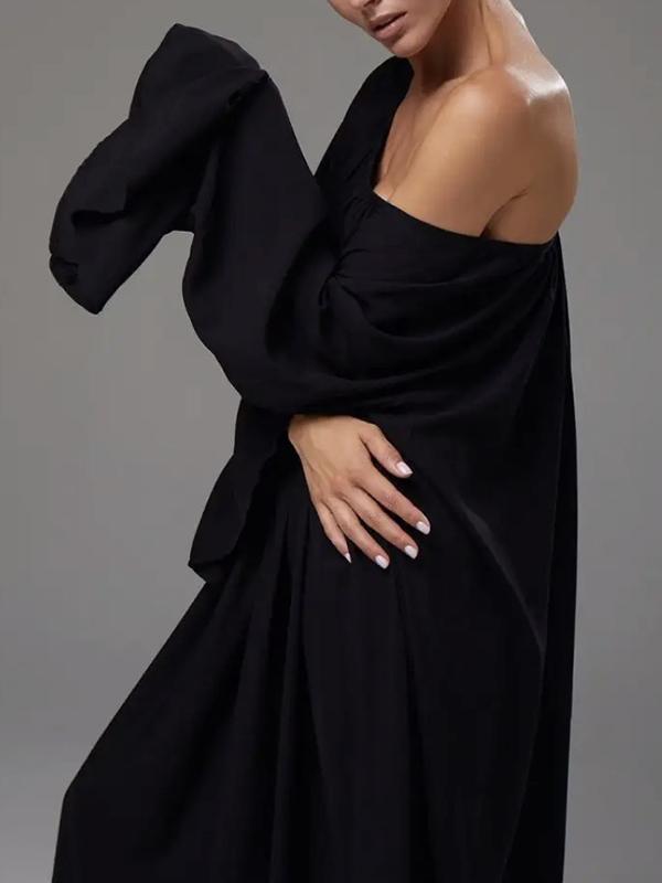 Flared Sleeves Loose Pleated Solid Color Split-Joint Round-Neck Maxi Dresses Product Image