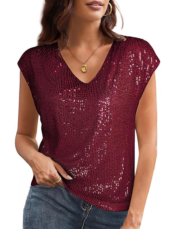 Batwing Sleeves Loose Sequined Shiny V-Neck T-Shirts Tops Product Image