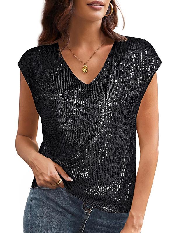 Batwing Sleeves Loose Sequined Shiny V-Neck T-Shirts Tops Product Image