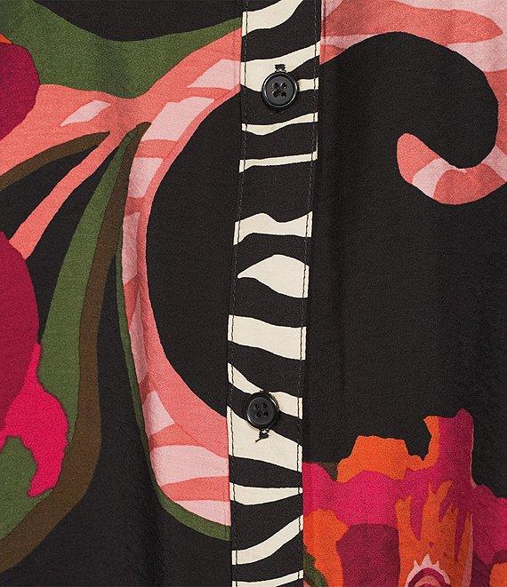 Ali Miles Woven Floral Multi Print Round Neck Elbow Dolman Sleeve Button-Front Tunic Product Image