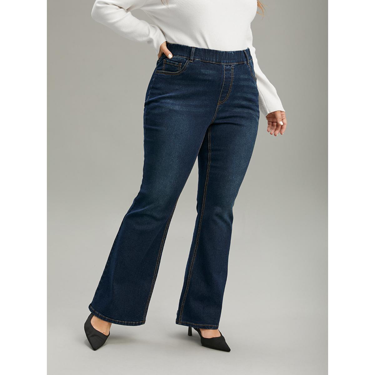 Plus Size Plain Flare Leg High Rise Full Length Jeans Women Indigo Casual Plain Non High stretch Slanted pocket Jeans BloomChic 16/1X Product Image