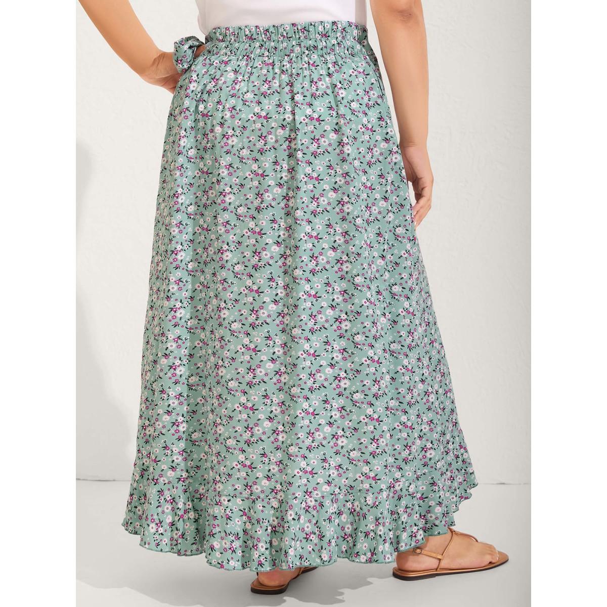 Plus Size Rayon Ditsy Floral Print Side-Tie Maxi Skirt Women LightGreen Timeless Loose No stretch Side seam pocket Belt Vacation Skirts BloomChic 14-16/1X Product Image
