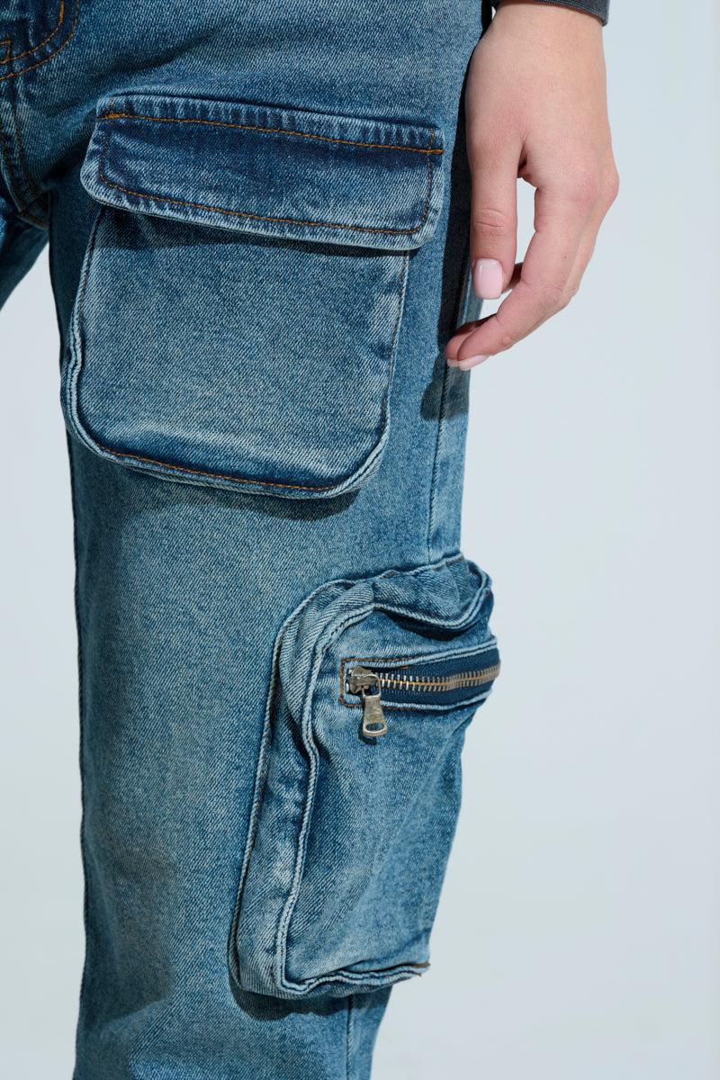 ALL OVER POCKET DETAIL RELAXED FIT JEANS IN MEDIUM BLUE DENIM Product Image