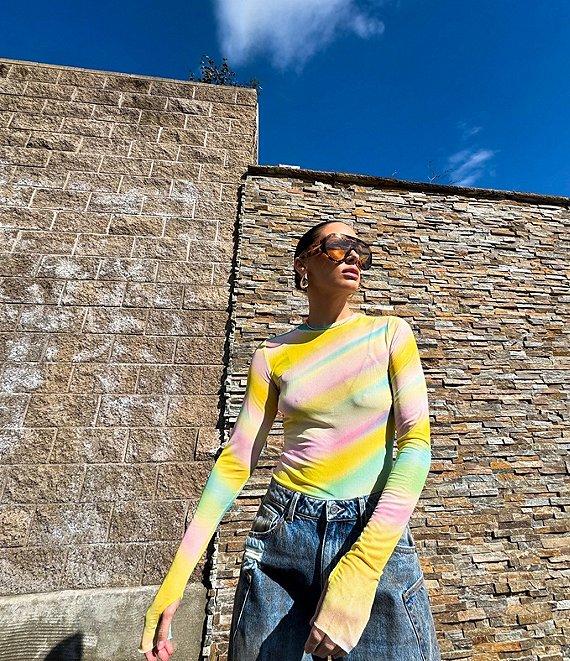 AFRM Kaylee Rainbow Print Crew Neck Long Sleeve Mesh Top Product Image