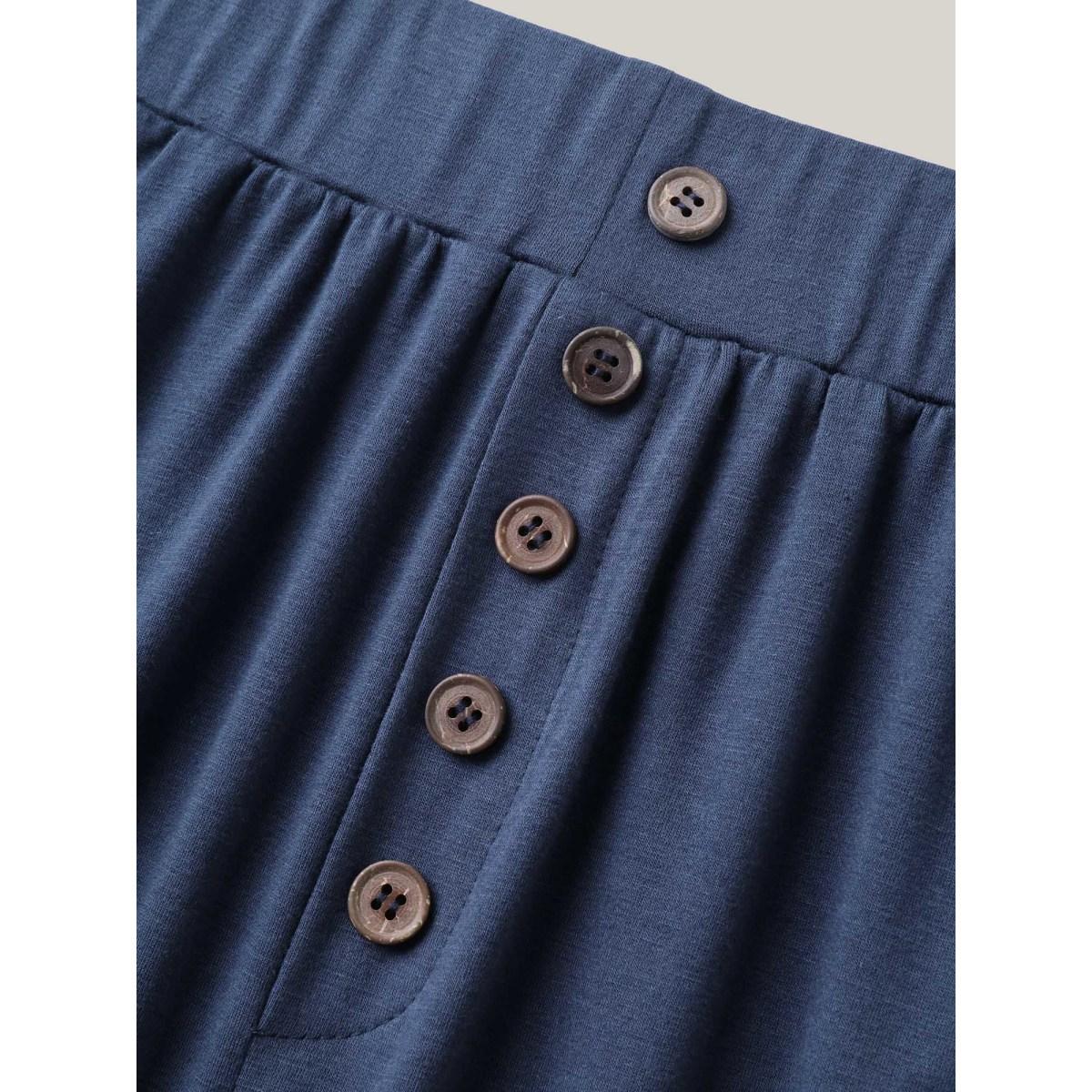 Plus Size Button Front Pleated Comfy Fit Pants Women Indigo Casual Wide Leg Mid Rise Everyday Pants BloomChic 28/5X Product Image